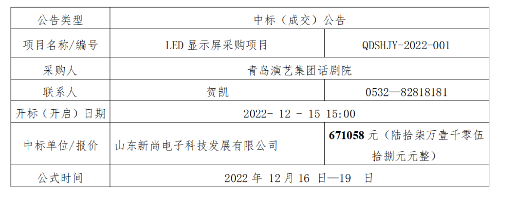 半岛官方网站,半岛bandao(中国)青岛市话剧院有限公司 LED显示屏采购项目中标公告